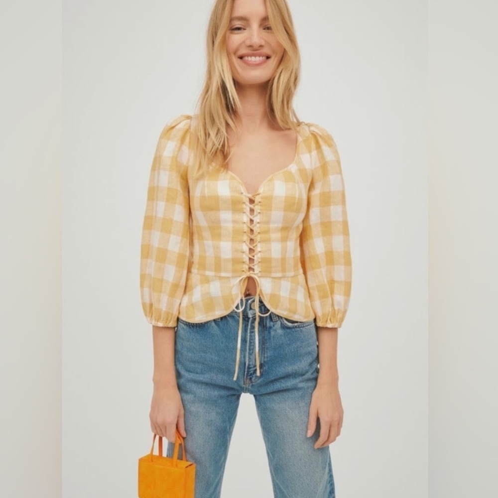 Reformation Barrett Checkered Linen Blouse Size 0 Yellow Top